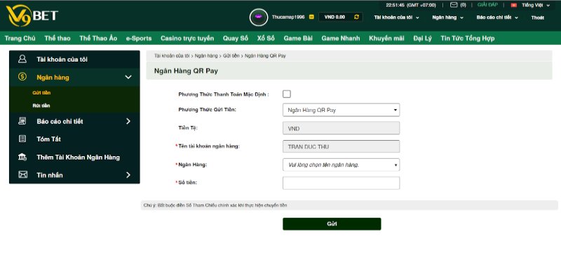 Thao tác chuyển khoản qua QR pay theo hướng dẫn nạp tiền V9bet